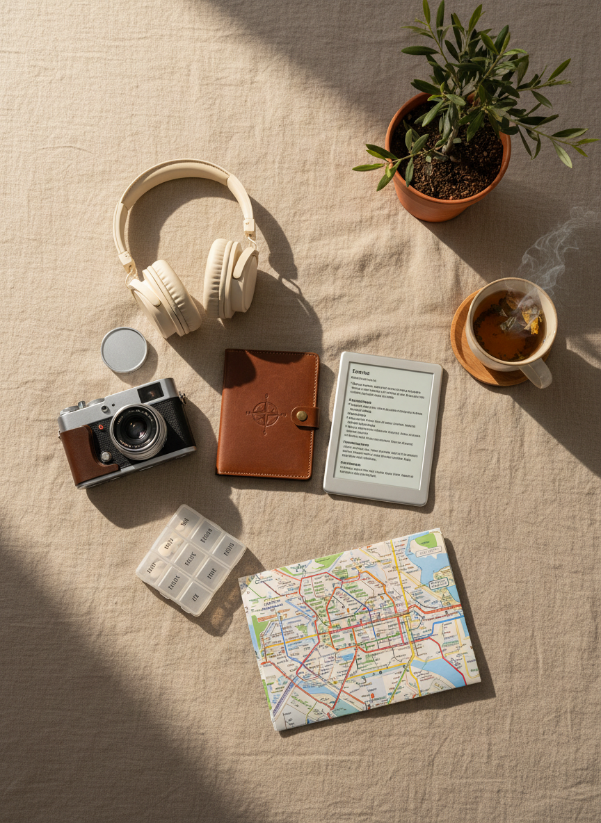 A carefully arranged flat lay of senior-friendly travel essentials spread across a warm linen bedspread in a well-lit guesthouse room. A vintage-style passport holder, a slim e-reader with a softly glowing screen, a compact mirrorless camera, noise-cancelling over-ear headphones, a small pill organizer, and a neatly folded city transit map form a harmonious composition. Soft morning light filters through sheer curtains, creating gentle highlights and muted shadows. A small potted olive tree and a ceramic cup of herbal tea sit near the edge of the frame. Photographic realism with overhead bird’s-eye perspective and balanced, uncluttered composition. The atmosphere feels relaxed, organized, and quietly luxurious, highlighting practical yet cultured preparation for independent senior travel.
