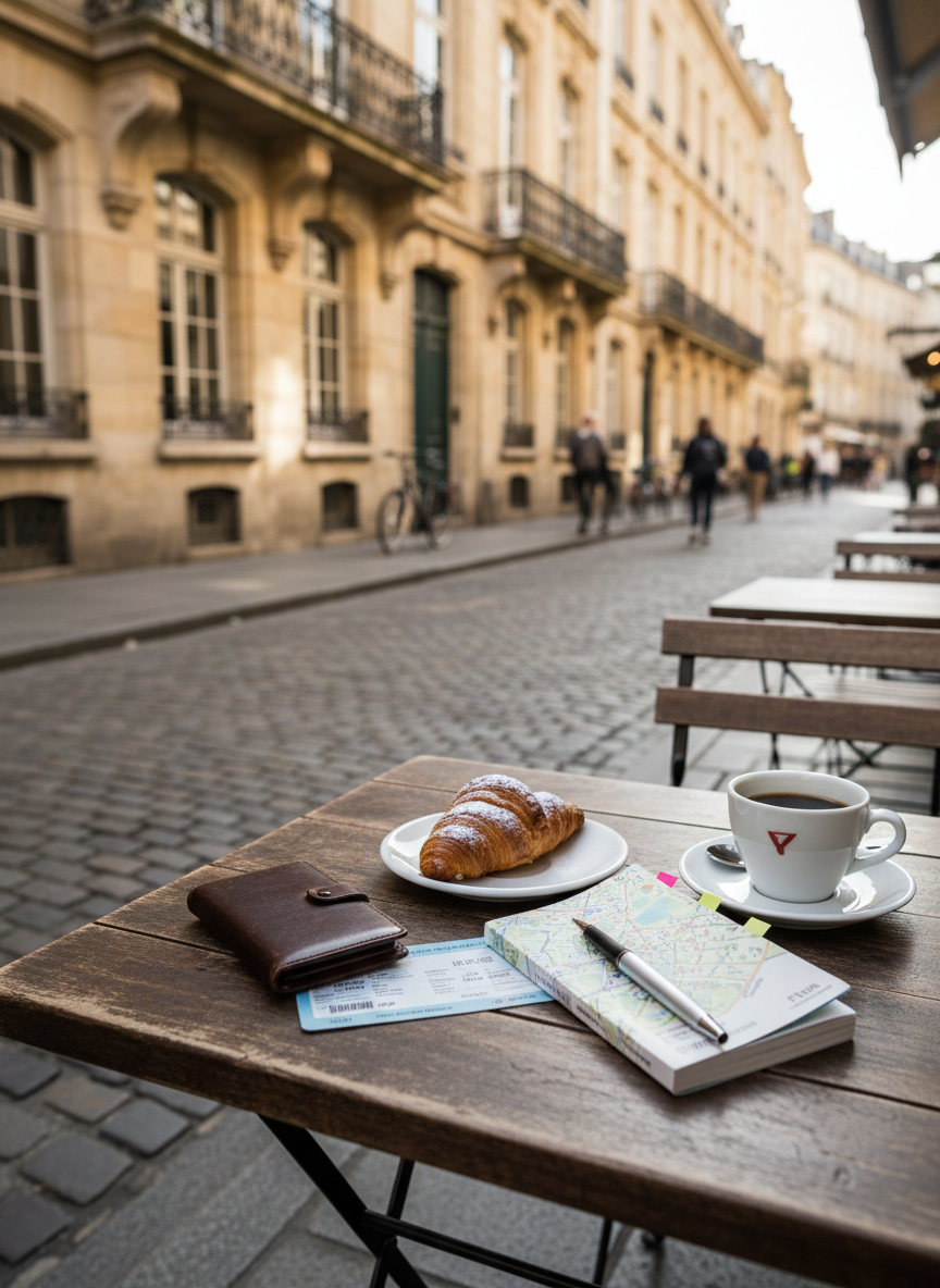 A sunlit European café terrace table made of weathered dark wood, set beside a cobblestone lane lined with historic stone buildings. On the table rest a neatly folded city transit pass, a slim leather wallet, a small plate with a single delicate pastry, and a porcelain cup of black coffee on a saucer. A compact guidebook with sticky-note markers lies half-open, a pen placed precisely across its pages. Soft late-morning light creates gentle highlights on the porcelain and subtle shadows between cobblestones. Photographic realism, composed using the rule of thirds from a slightly elevated angle, with the bustling street intentionally out of focus for a tasteful bokeh background. The atmosphere is cultured, leisurely, and cost-conscious, evoking quiet independent exploration without showing any people.